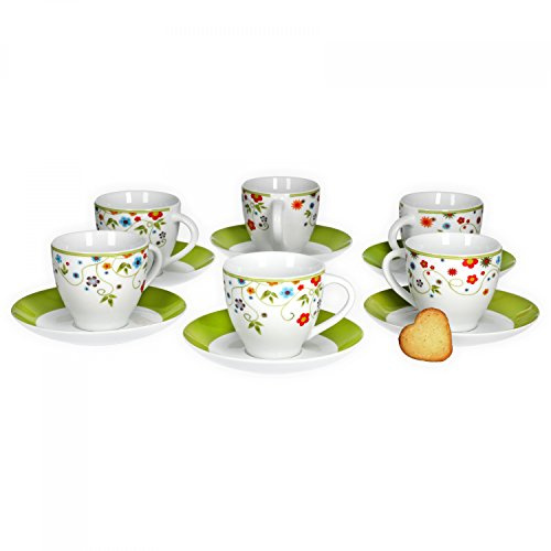 Van Well Vario Kaffeeset 12-teilig – 6 Kaffeetassen 200 ml mit Untertassen Ø14,5 cm – Porzellan mit Blumenmotiv – farbiges Geschirr, spülmaschinen- & mikrowellengeeignet
