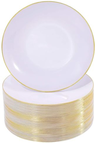 Nervure 100Pieces White with Gold Rim Plastic Plates - 7.5inch Disposable Gold Salad/Dessert Plate - White and Gold Plastic Plates Ideal for Wedding & Party & Mothers Day