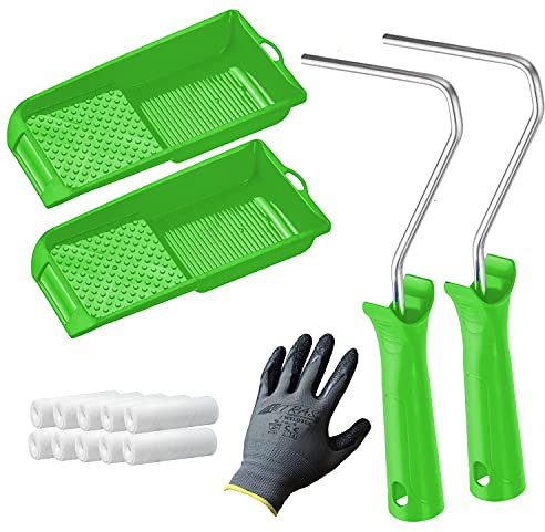 PREMIUM Lackier Set/Farbroller: 2x Farbrollen, 2x Farbwannen, 10x Filt-Walzen, 1x Handschuhe - Lösemittelbeständig & Hochwertig - Perfekt geeignet für Farben und Lacke von Farben Löwe (X300)