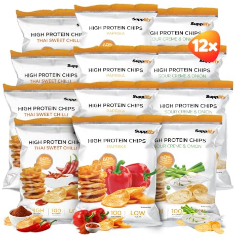 Supplify Protein Chips - (Mix Box - Paprika, Thai Sweet Chili, Sour Creman n Onion) Eiweiß Snack zum Abnehmen oder Muskelaufbau - die leckere Alternative zu Protein-Pulver oder -Riegel (12 x 50g))