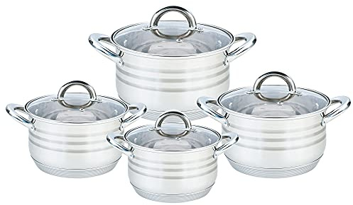Maestro MR-3513-8 Batería de Cocina Acero Inoxidable, 8 Piezas, Inducción, 4 Cacerolas, 4 Tapas de Cristal, Apta Para Todo Tipo de Cocinas, Apta Lavavajillas