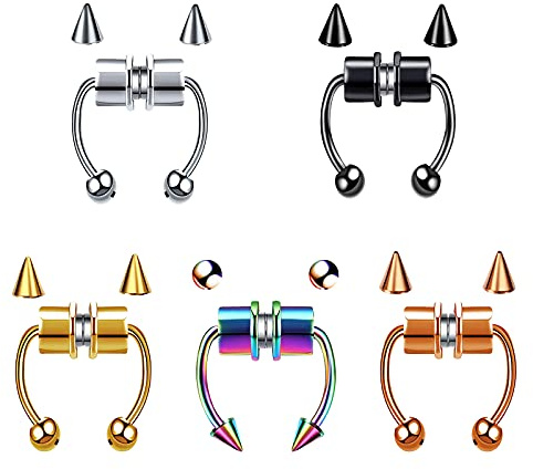 5Pcs Magnetic Stainless Steel Fake Piercing Nasenring, Fake Septum Fake Piercings Jewelry Fake Nose Ring, Fakepircings Nase Magnet Septum Nose Rings for Women Men, With Replace Spikes, 5 Stück