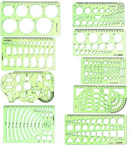 JZK Set di 9 stencil in plastica per disegno geometrico e forme con scala metrica, cerchio/ellisse/poligono/forme geometriche con righello di misurazione