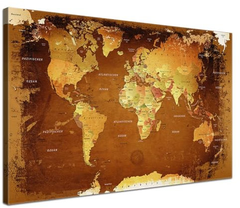 LANA KK - Premium Pinnwand Weltkarte - Retro Bunt - Deutsch - in 150 x 100 cm, stabile Rückwand zum Pinnen inkl. Starterkit - Leinwand-Kunstdruck Wandbild Landkarte XXL