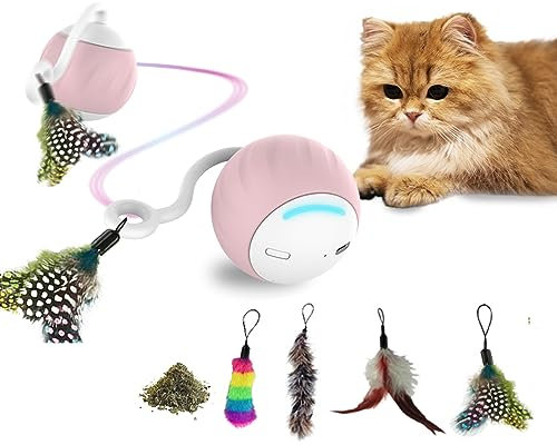 DigiMouse Interaktives Katzenspielzeug mit Sprachaktivierung & 4 Ersatzfedern & Katzenminze - Elektrischer Katzenball - Selbstbeschäftigung für Katzen - LED-Lichtspielzeug mit USB-C Anschluss