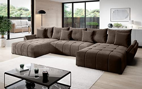 Vigo Velvet Monolith Ecksofa in U-Form 382 cm x 190 cm - Schlafsofa mit Bettkasten - Couch mit Stauraum und Kissen - Sofa mit Schlaffunktion - Ausziehbares Schlafsofa - Farbe: Braun (M-15)