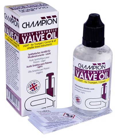 Champion Olio per valvole e rotori (completamente sintetico, leggero) per cornetta, tromba, flicorno e corno francese, lubrificazione per strumenti musicali in ottone, 50 ml, prodotto nel Regno Unito.
