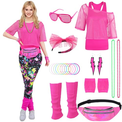 Miulruma Damen 80er 90er Jahre Outfit Neon Party Set mit Netzshirt, Tank Top, Bauchtasche, Beinwrmer, Stirnband, Ohrring, Halskette fr Karneval & Mottoparty