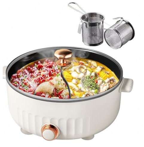 ARTSIM Fondue Chinoise Electrique, RevêTement AntiadhéSif Epuisette Fondue Chinoise Convient Aux FêTes d'anniversaire (avec 2 Filets Non éTanches),White