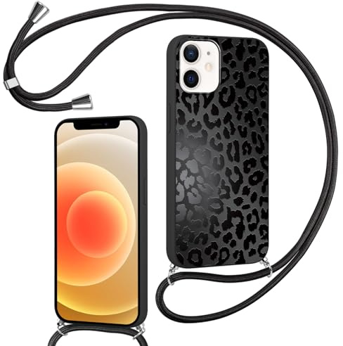 Foonary Handyband Hülle mit Band für iPhone 12 6,1 Handyhülle, Leopard Design Kette Necklace Case mit Kordel zum Umhängen Silikon Bumper Kratzfest Cover Schnur für iPhone 12 / iPhone 12 Pro