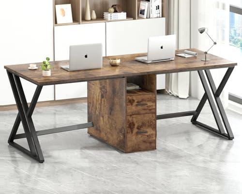LVB Land Braun Large Double Industrial Computer-Schreibtisch mit Schubladen, Extra Lange Gaming-Tabelle mit Lagerung Schrank Regale, Holz-Metall-Computer-Schreibtisch