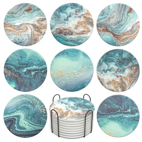 ZEHIQ Untersetzer Gläser, Marmor Tasse Untersetzer-Set 8er, Absorbierender Untersetzer mit Korkboden und Halter, Getränke-Untersetzer für Bars, Cafés, Haus, Party, Büro