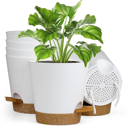 Homeuouz 6 Packs Blumentopf Selbstbewässernd, 15.2cm Pflanzentopf mit Bewässerungssystem, Übertopf mit Brown Untersetzer, Blumentöpfe Set Ideal für Innen und Balkongärten, Weiß