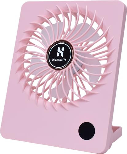 Homeritz Personal Battery Operated Desk Fan, Rechargeable Fan, 2000mAh Battery, Power Display and 180° Tilt Folding, Ultra Quiet and Portable, Office, Camping, in Car (Pink)