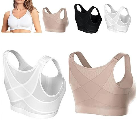 Verstellbarer Multifunktions-BH Mit Bruststützenfunktion, Kabellos, Rückenstütze Für Damen, Bequem, Vollständig Abdeckender BH, Frontverschluss (3 Stück, L) (Weiß + Beige XXL)