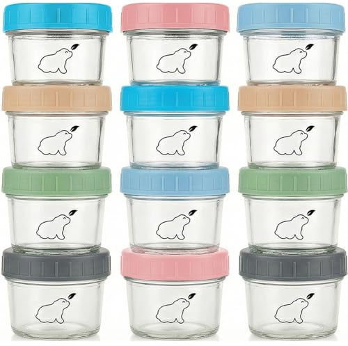 Budding Bear Pot en Verre Bebe 120 ml (Lot de 12) - Pot de Conservation Bebe avec Couvercle Hermétique Adapté au Lave-vaisselle, Congélateur & Micro-Ondes - Sans PBPA, Phthalate, Plomb & PVC