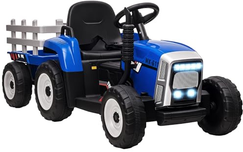 HOMCOM Eltraktor med Släpvagn, Åktraktor för Barn med Fjärrkontroll, Elbil för Barn med MP3-funktion, Barnfordon med Strålkastare, 3–6 KM/H
