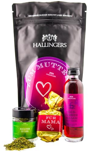 Hallingers Genuss Manufaktur Feinkost Muttertagsgeschenk-Set - wertig in der Wundertüte Zum Muttertag kleines Mitbringsel Nougat-Busserl, Waldhimbeerbalsam & Gewürz, Geschenkidee für Mama Oma