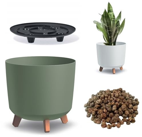 DIKEL Gracia Maceta Redonda con Patas - Maceta de Interior y Exterior - Maceta - Maceta de balcón - Maceta Decorativa - DGTL300L + Arcilla expandida 1l - 298x298x285mm - Verde
