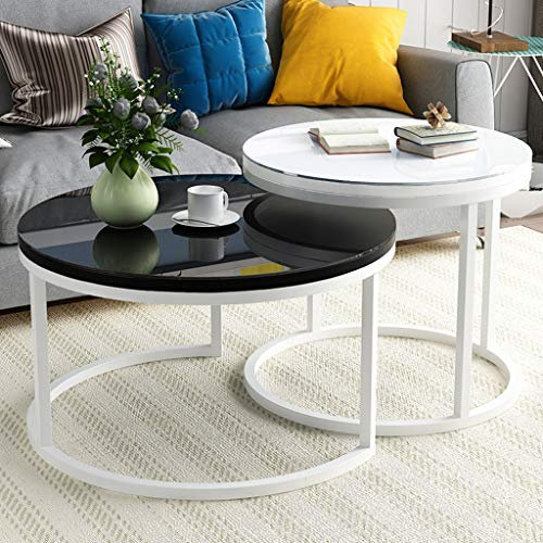 MPFYRCOJ Moderne runde Sofatische, Satztische für Zuhause und Büro, Wohnzimmer, Lobby, Rezeption, Metallrahmen aus gehärtetem Glas, Klein (Weiß) + Groß (Schwarz)