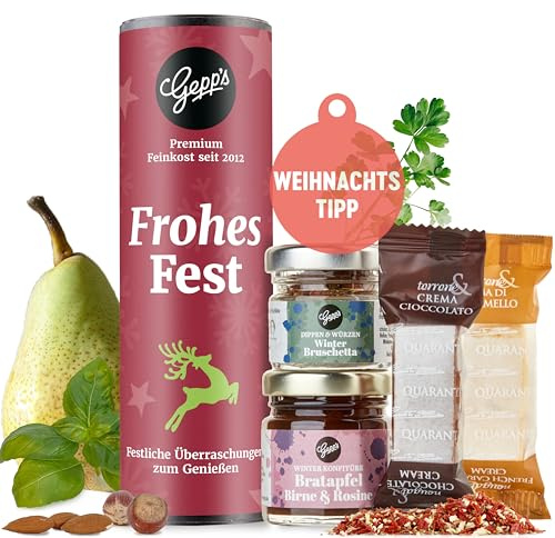 Gepp’s Feinkost Weihnachts-Geschenk „Mini Frohes Fest“ I Geschenkset Weihnachten mit winterlich-süßen Delikatessen I Mit Bratapfel Konfitüre, Winter Bruschetta, Dark Nougat & Cuneesi Nocciola