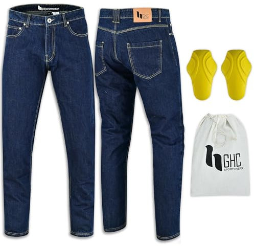 GHC SPORTSWEAR Men's Motorcycle Denim Pants Motorbike Trousers Biker Jeans Stretch Aramid Protection Lining-Certified According to EN 1621-1,Tapered Fit- BLUE-32W/32L Blue