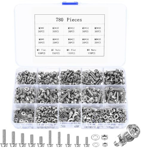 780 Pcs M3 M4 Juego de Tornillos y Tuercas y Arandelas, Tornillos con Cabeza Hexagonal en Cruz, Pernos Hexagonales y Tuercas y Arandelas, Tornilleria Tornillos de Máquina Hexágono con Brida