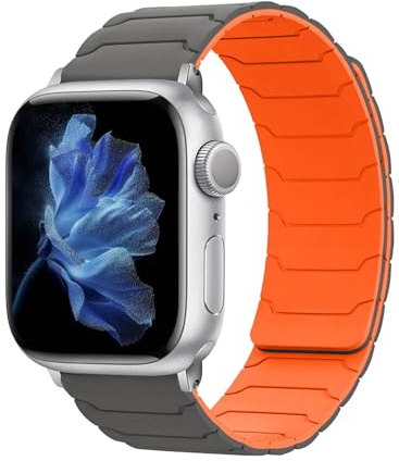 Hinnwer Magnetic Strap Compatible with Apple Watch 46mm 42mm 44mm 45mm 49mm for Men Women, Strong Silicone Magnetic Sport Bands for iWatch Ultra 3 2 1 SE 3 2 1 Series 11/10/9/8/7/6/5/4/3 Grey Orange