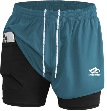 LORSPORTCH Short de course 2 en 1 pour homme - Short de gym et d'athlétisme - Short d'entraînement pour l'extérieur - Avec poches intégrées, M