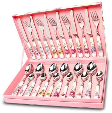 YAIUNHIQ Set di posate in acciaio inox da 24 pezzi con manici in ceramica | adatto per matrimoni, Natale, compleanni
