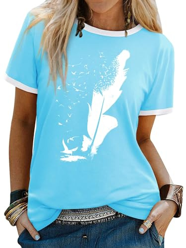 Dresswel Women's T Shirts Feather Print Crew Neck T-Shirt Summer Tops | Casual Short Sleeve Peace Dove Graphic Basic Cotton Tee Shirts