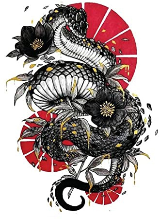 Tatouage autocollant, Tatouages ​​temporaires, 1 feuille serpent noir tournant dragon autocollant de tatouage temporaire style chinois fleur bras cuisse couvrant cicatrice faux tatouage