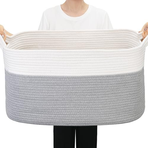 PWVMWM Woven Storage Basket for Toys, Large Cotton Rope Storage Baskets for Blankets, Clothes, Towels, Laundry Room, Living Room 55x38x30 cm, 65L (White & Grey)