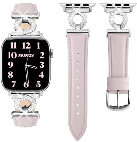 wutwuk Lederarmband Kompatibel mit Apple Watch Armband 40mm 42mm(S11/10) 41mm 38mm, Damen Schlankes Armbänder mit Strass Schnalle für iWatch SE Series 11 10 9 8 7 6 5 4 3 2 1, Silber+Hellrosa