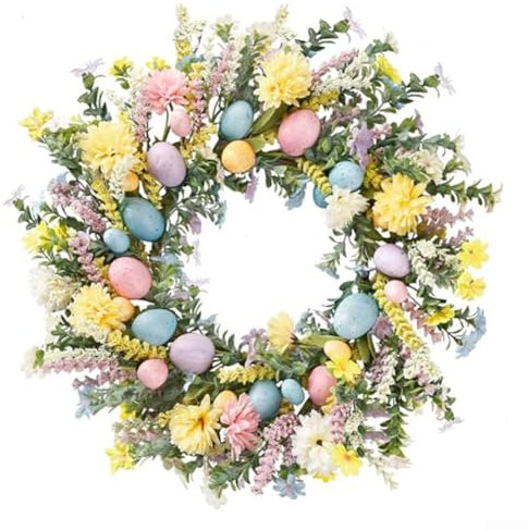 Osterkranz Türhänger 20 Zoll Frühlingskranz Mit Kunstblumen Eiern Dekorativer Wandkranz Für Tür Fenster Wand Ostern Frühling Dekoration Innen Außen, Türdekoration