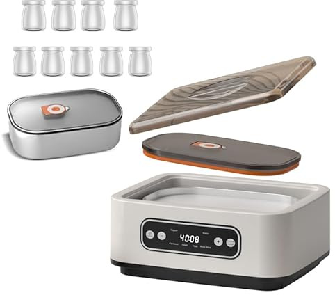 OKYUK Joghurtbereiter mit 1,6L 304 Edelstahl Innentopf und 9 tragbaren Bechern, 4-in-1 Joghurtmaschine mit PTC-Funktion und Timer für Hausgemachten Joghurt/Natto/Reiswein