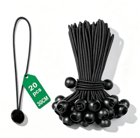 PHMING 20 Stück Spanngummis mit Kugel, Planenspanner 30cm | Gummispanner Shcwarz, Multifunktional Gummiseil für Planen, Zelte & Vorhänge