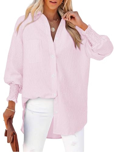 Cuptacc Chemisiers Femme Col en V Rayée Décontracté Blouses Lâches Confort Chemise Extensible Plissé Rides Poignets Top avec Boutonnés Rayures Roses XXL