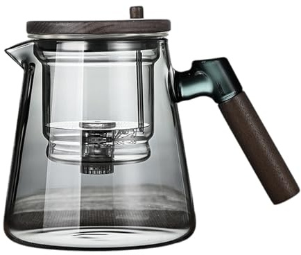 Glass Teas Kettle - 750ml Heat Resistant Pot, Wooden Handle Jug | Press Control Infuser Brewer, Transparent Tea Water Separator for Blooming Flower Loose Leaf herbals Tea Making and Serving at Home