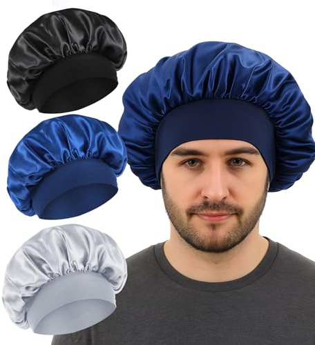 ValueBargain 3Pcs Bonnet Men, Verstellbare Bonnet Herren aus Seide für Natürliches Haar, Weiches Nachtaccessoire mit Breitem Band gegen Haarbruch