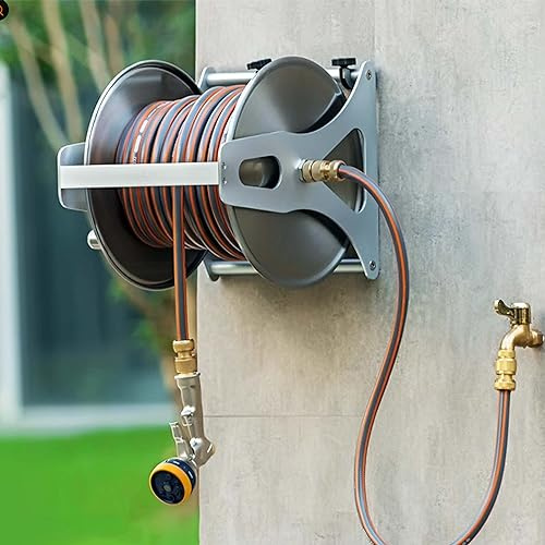 Avvolgitubo da giardino in acciaio inox, montaggio a parete, per una facile irrigazione del giardino e lavaggio auto, durevole e salvaspazio