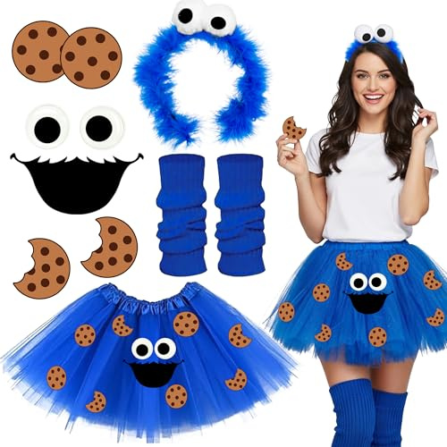 Singtis Krümelmonster Kostüm Damen Fasching – Cookie Monster Kostüm mit Tüllrock, Haarreif, Augen, Socke & Keks Stickern – Sesamstraße Damen Karneval Monster Kostüm Zubehör