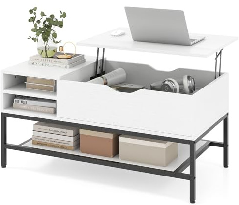COSTWAY Couchtisch höhenverstellbar, Wohnzimmertisch mit offenem Fach und Ablagefach, Kaffeetisch, Sofatisch, Beistelltisch für Wohnzimmer, 99,5 x 49,5 x 47,5 cm (Weiß)