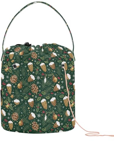 GuoChe Weihnachtliche grüne Tannenzapfen, Glocken, Stechpalme, Häkelgarn, Tasche, Häkelzubehör, Tasche mit Löchern, Aufbewahrungstasche für Stricknadeln, Garn, Handwerk