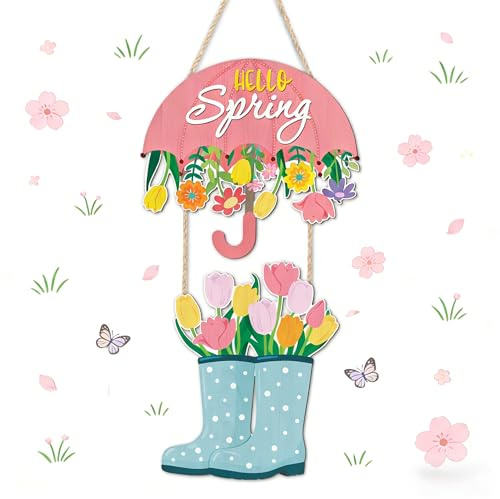IARTTOP Hello Spring Door Decor Spring Floral Wall Sign Umbrella Rain Boots Welcome Sign for Front Door Colorful Tulip Flower Wall Hanging Sign for Farmhouse Outdoor Garden Decoration 10.6 * 20.3Inch