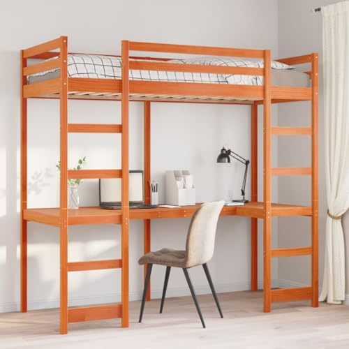 GeenYuu Hochbett Massivholz Kiefer Wachsbraun 75x190 cm, Einzelbett mit Schreibtisch, 2 Leitern, Rausfallschutz, Lattenrost, platzsparend für Schlafzimmer
