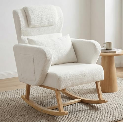 Skokliz Schaukelstuhl aus Massivholz Relaxstuhl Sessel Stuhl, Stillsessel Schaukelsessel Gepolsterter Schwingsessel mit hoher Rückenlehne und Seitentasche, fürs Wohnzimmer Schlafzimmer Balkon