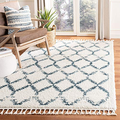 SAFAVIEH Zottelig Teppich für Wohnzimmer, Esszimmer, Schlafzimmer - Berber Fringe Shag Collection, Kurzer Flor, Creme und Blau, 183 X 274 cm