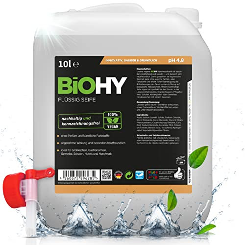 BiOHY Flüssig Seife (10 Liter Kanister) + Auslaufhahn | Hautschonende, rückfettende & flüssige Handseife | PHOSPHATFREI | geruchsneutrale Hygiene | auch für das Gesicht geeignet