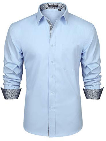 HISDERN Light Blue Dress Shirts for Men Long Sleeve Button Down Collar Regular fit Classic Casual Formal Non Iron Shirt Bleu L